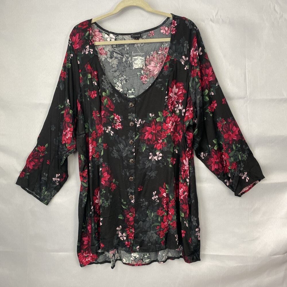 Torrid Womens Tunic 4 Black Red Floral Print Scoop Top Blouse Lagenlook 3/4 Slv